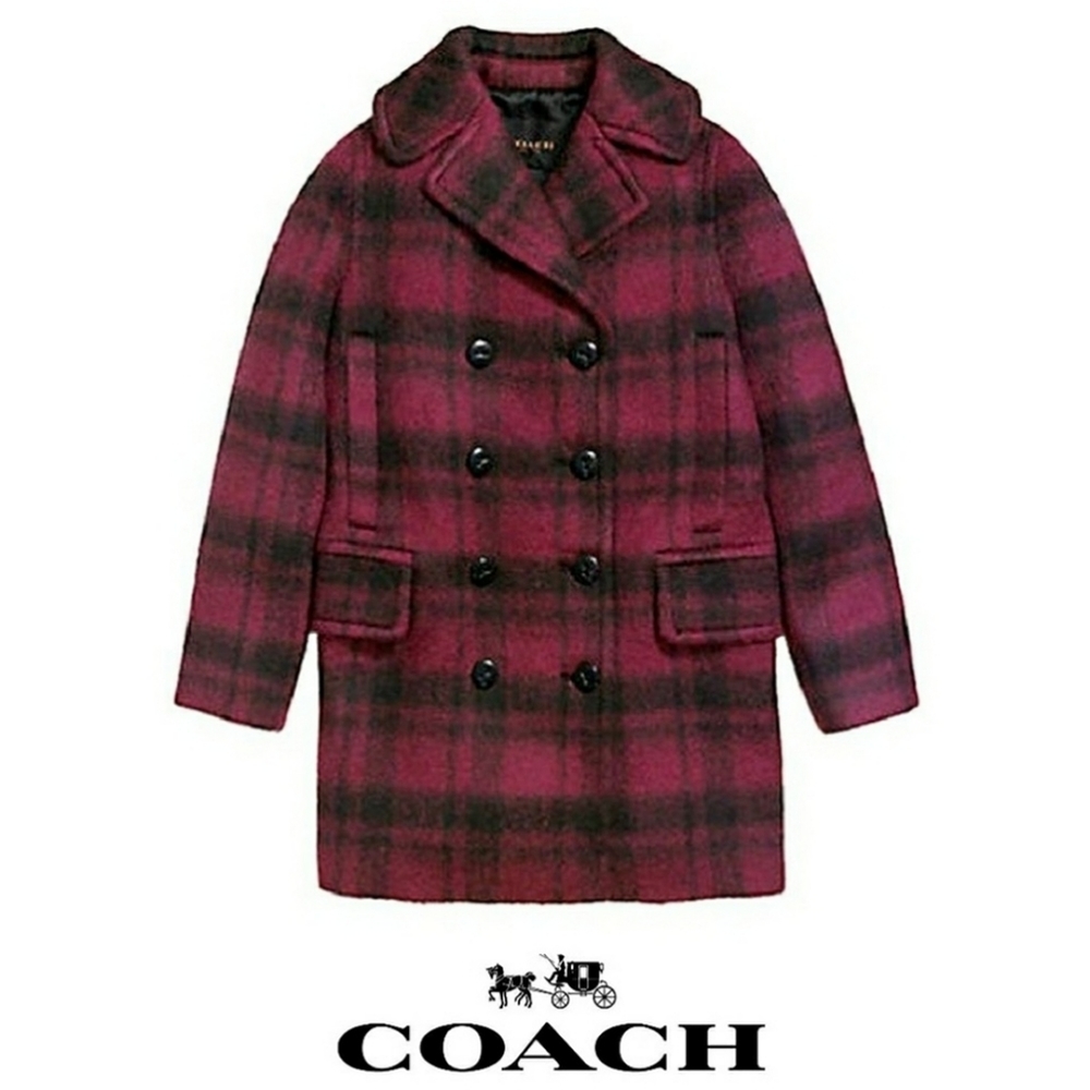 NWT COACH RED CRANBERRY PLAID LONG PEACOAT LARGE